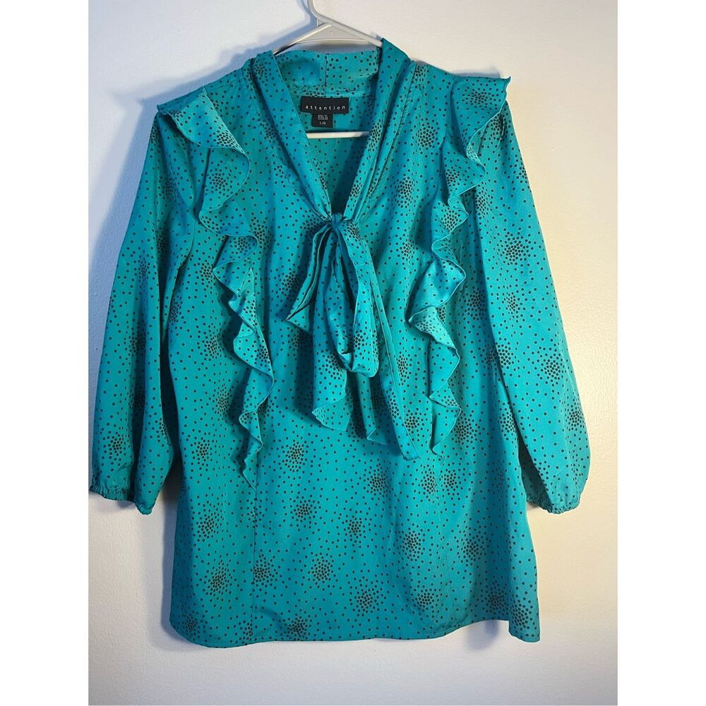 Attention Large Womens Green and Black Polka Dot Frill Neck Tie Half Sleeve Blou